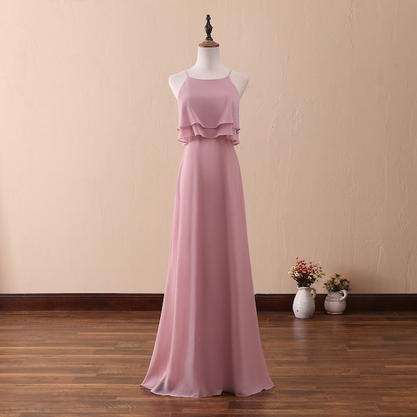 Bridesmaid Dress Blush Pink Chiffon Evening Dress with Ruffle Formal Dress Prom Dress Long Wedding Party Dress Summer Maxi Dress