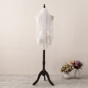 Voile de mariée en dentelle ivoire court deux couches voile de mariée en dentelle ivoire voile de mariée voile de mariage blanc voile de mariage doux