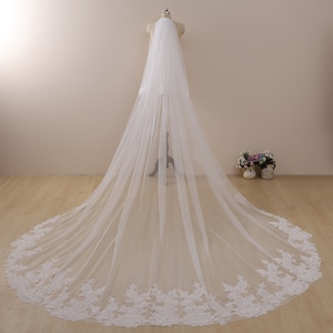 Floral Lace Cathedral Wedding Veil, Two Tier Blusher, Custom Length