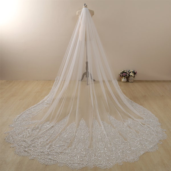 Ethereal Veil,Classic Wedding Veil,Bridal Veil long,Lace Veil,veil with comb,single/one tier veil,Beading Veil,Gold lace,Cathedral Veil