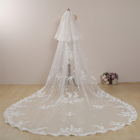 5m Real Photos Wedding Bridal Veils with Comb Cathedral Long Lace Appliques edge