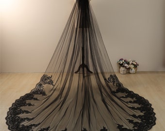 Sequined Veil,Floral lace veil Black Wedding Veil Cathedral Veil Bridal Veil Long Veil Black Chapel Lace Veil Custom Veil,veil with comb