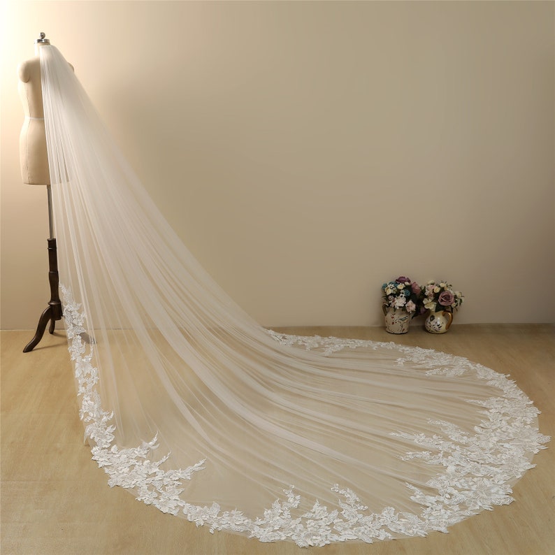 Marry Bridal US Flowery Wedding Veil Lace Trim Bridal Veil Embroidered Lace Veil Cathedral/Chapel Length Transparent Sequin Veil,custom veil image 3