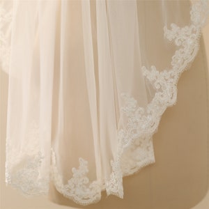 Short Veil with Lace Wedding Veil Fingertip Veil Lace Trim all around Bridal Veil One Tier Ivory Veil Elbow,Hip Length soft veil image 5