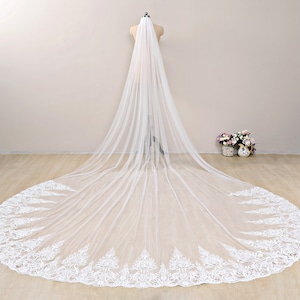 Dramatic Bridal Veil,Ivory Cathedral Length Lace Veil Extra Wide,Lace Applique Wedding Veil,Lace Bottom Bridal Veil,Chapel Veil Wedding Lace