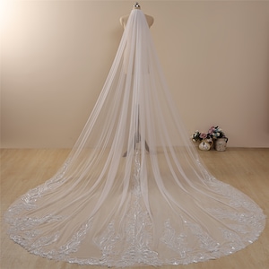 Veil floor length,Wedding Veil,Sequin Wedding Veil One Layer Bridal Veil,Soft tulle veil,beading lace wedding veil,Cathedral Veil,heavy work