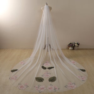 Cathedral Veil,Bridal Veil,Wedding Veil,Floral Veil,Pink lace veil,lace wedding veil,Wedding headpiece,celestial veil,Chapel/floor veil