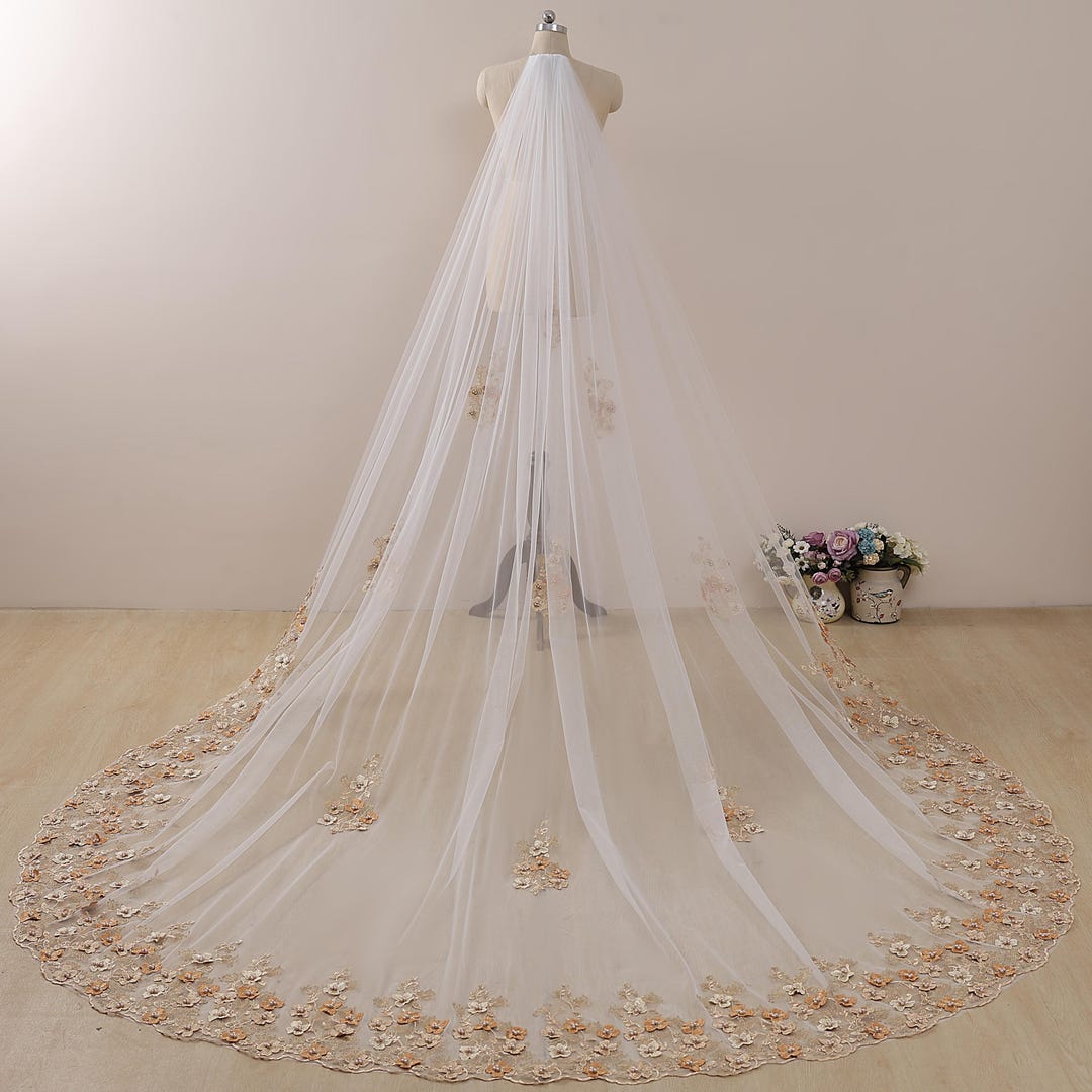 Golden Floral Lace Cathedral Wedding Veil, Ivory Tulle Veil With