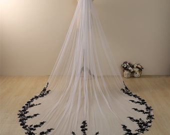 Dramatic Veil,Black Wedding,Black Veil,Floral lace veil Black Wedding Veil Cathedral length Bridal Veil Long,veil with comb,one tier veil