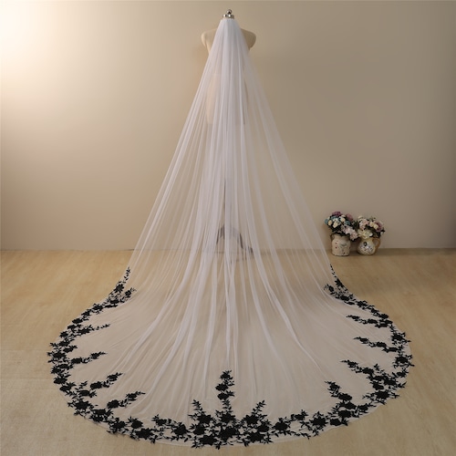 Ivory Wedding Veil With Black Lace Appliqueslong Etsy