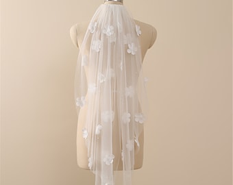 Ivory Floral Lace Bridal Veil: Chantilly Lace, Pearls, Soft Tulle