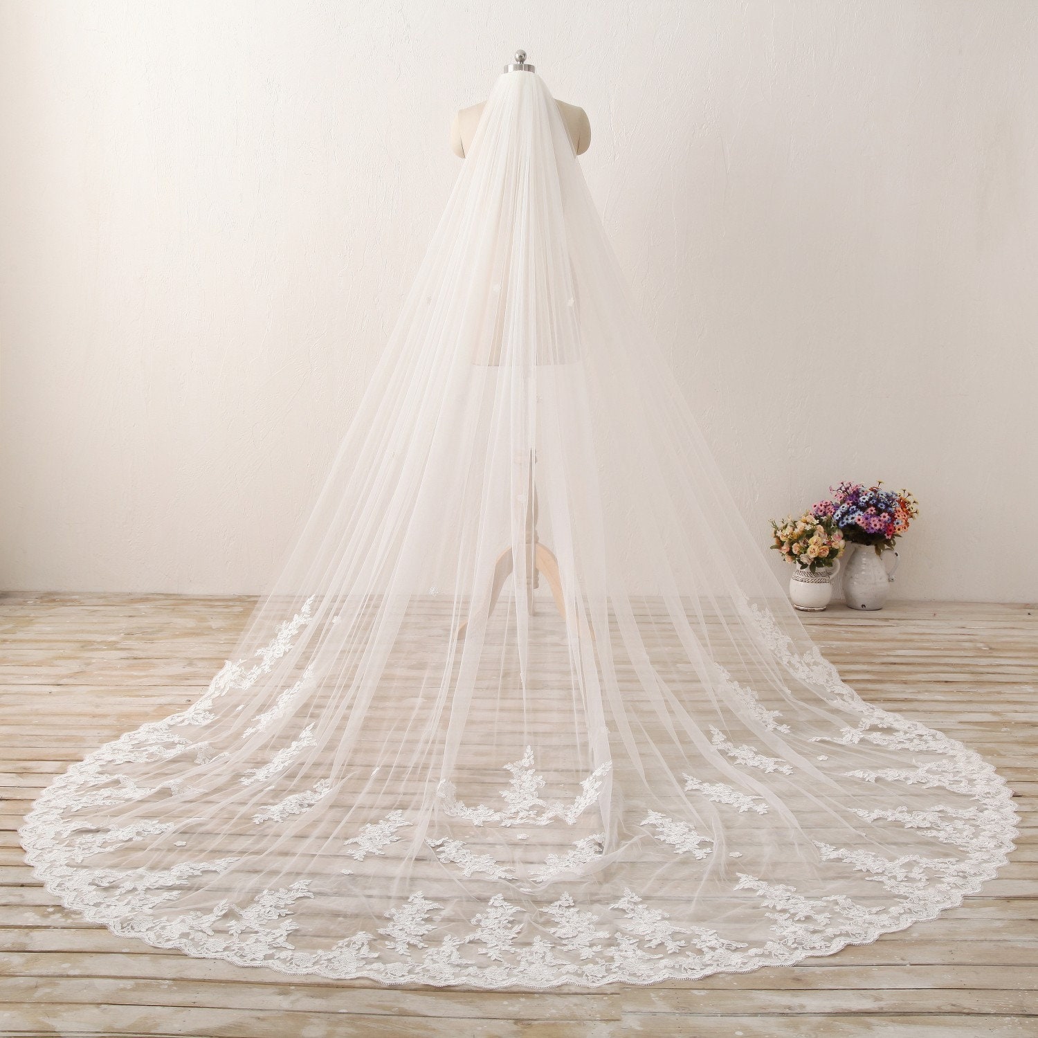 UK White Ivory 1T Cathedral Applique Edge Lace Bridal Wedding Veil With Comb 3M 