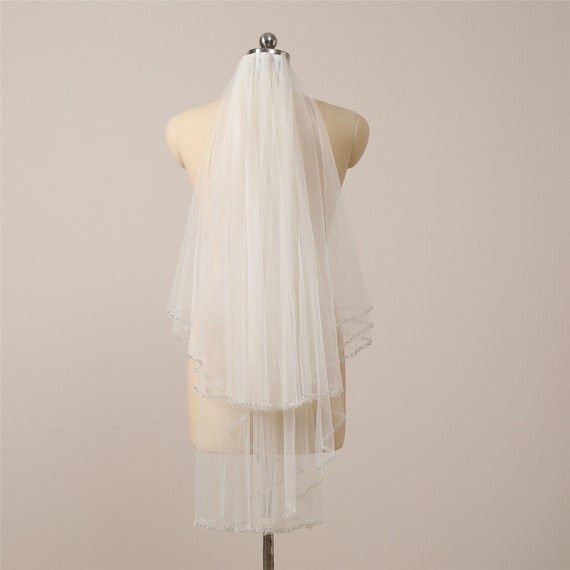 Vintage White Tiered Rhinestone Embellished Bridal Veil Atlanta Two Tier Beaded Scalloped Edge Veil with Crystal Drops main image 4