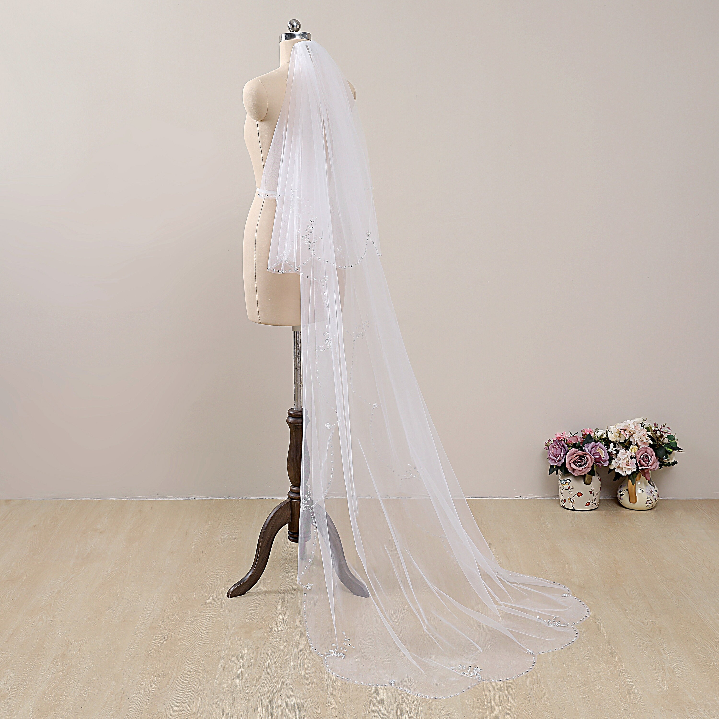 Beaded Chapel Wedding Veil: White Tulle, Pearls, Sequins, Blusher - Etsy, image size:3000x3000
