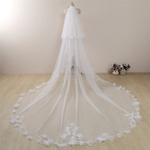 2 layers veil,veil with blusher,3 D floral lace veil,,Lace veil,floral veil long,celestial veil Cathedral,boho wedding veil,Bridal Veil