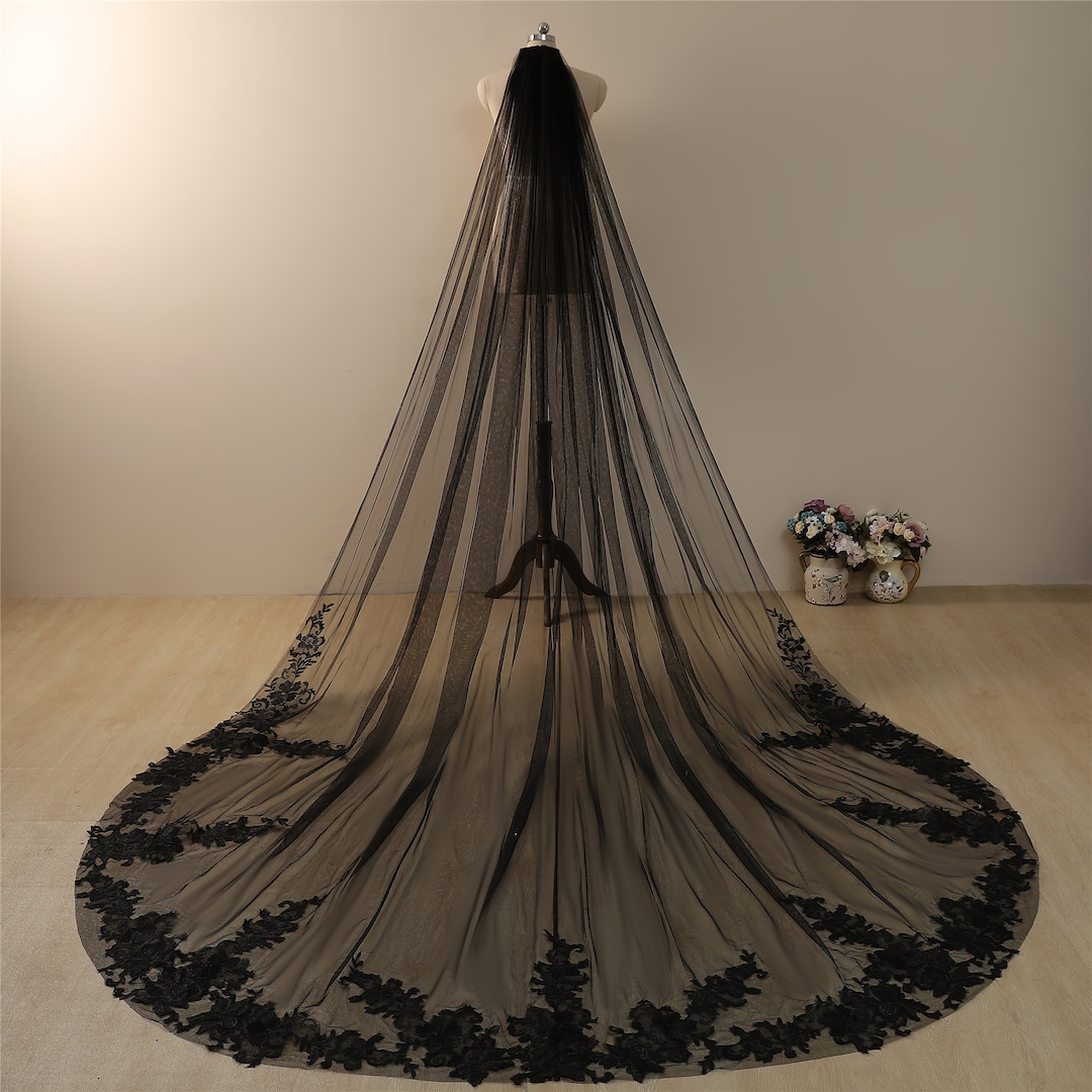 Black Veil,floral Lace Veil Black Wedding Veil Cathedral Veil Bridal