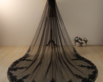 Black Veil,Floral lace veil Black Wedding Veil Cathedral Veil Bridal Veil Long Veil Black Chapel Veil Custom,veil with comb,one tier veil