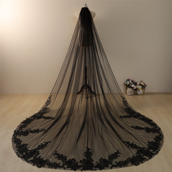 Black Floral Lace Cathedral Wedding Veil - 137" Long