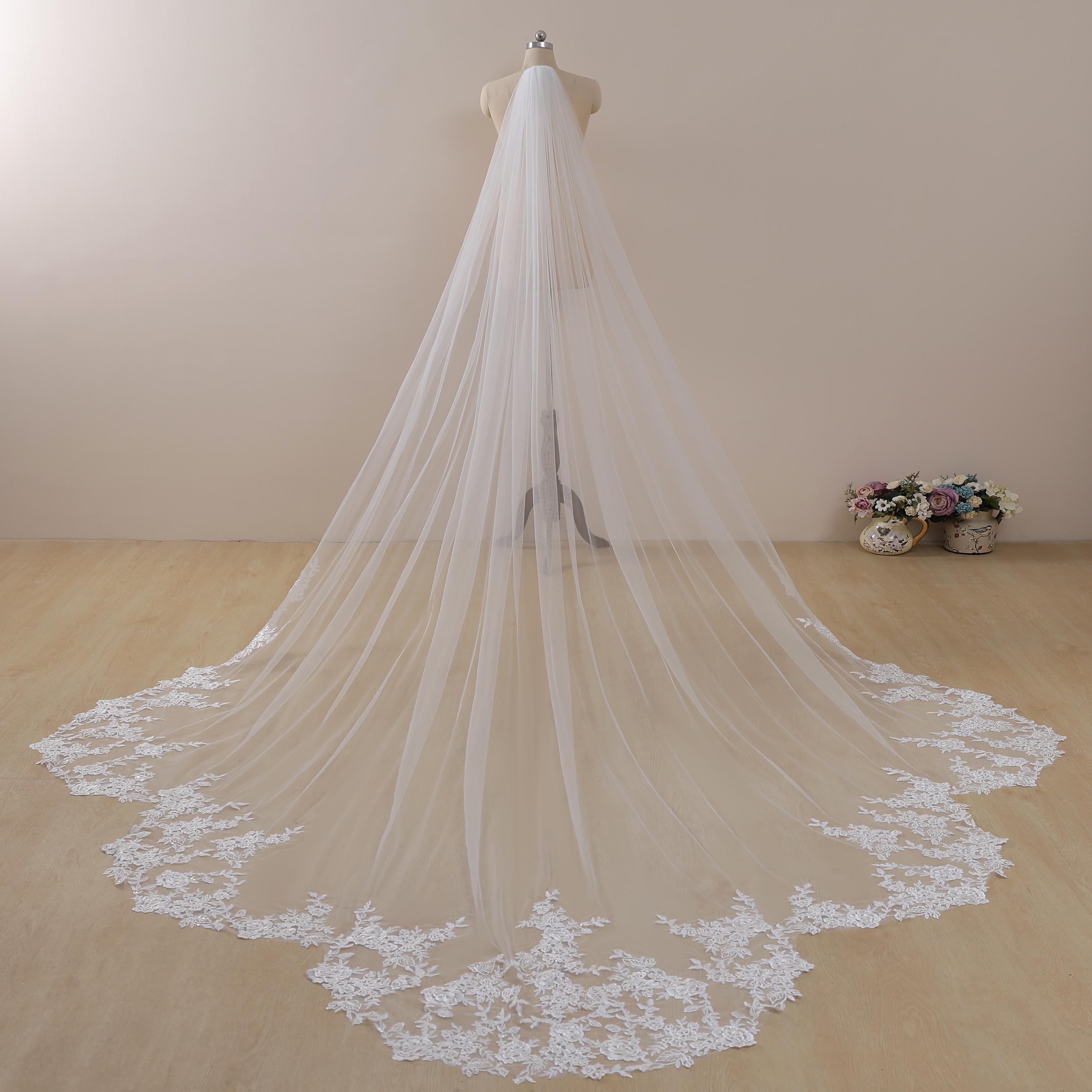 Floral Appliqué Beaded Scalloped Cathedral Bridal Veil - Ivory Perfect Bridal Ivory Single Tier Beaded Floral Lace  main image 2