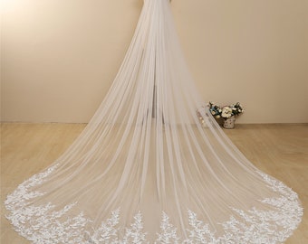 Velo da sposa boho: pizzo scintillante, applicazioni di fiori celesti, lunghezza cattedrale