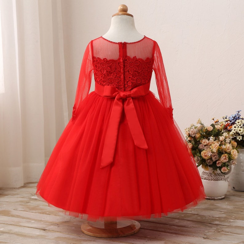 Red Girls Party Dress Flower Girl Dress Long Sleeve Flower Girl Dress Toddler Girls Dress Birthday Party Dress Floor Length Dress Lace