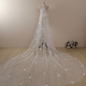 Veil with pearls,rhinestones,pearl veil,floral veil,long bridal veil,Beautiful Wedding Veil with 3D Flower,Cathedral,chapel,floor length