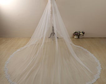 Gold lace veil,Mantilla Veil,Veil with beads& sequins,Wedding Veil Cathedral,long veil,Lace-Trimmed Veil,custom length,Bridal lace veil
