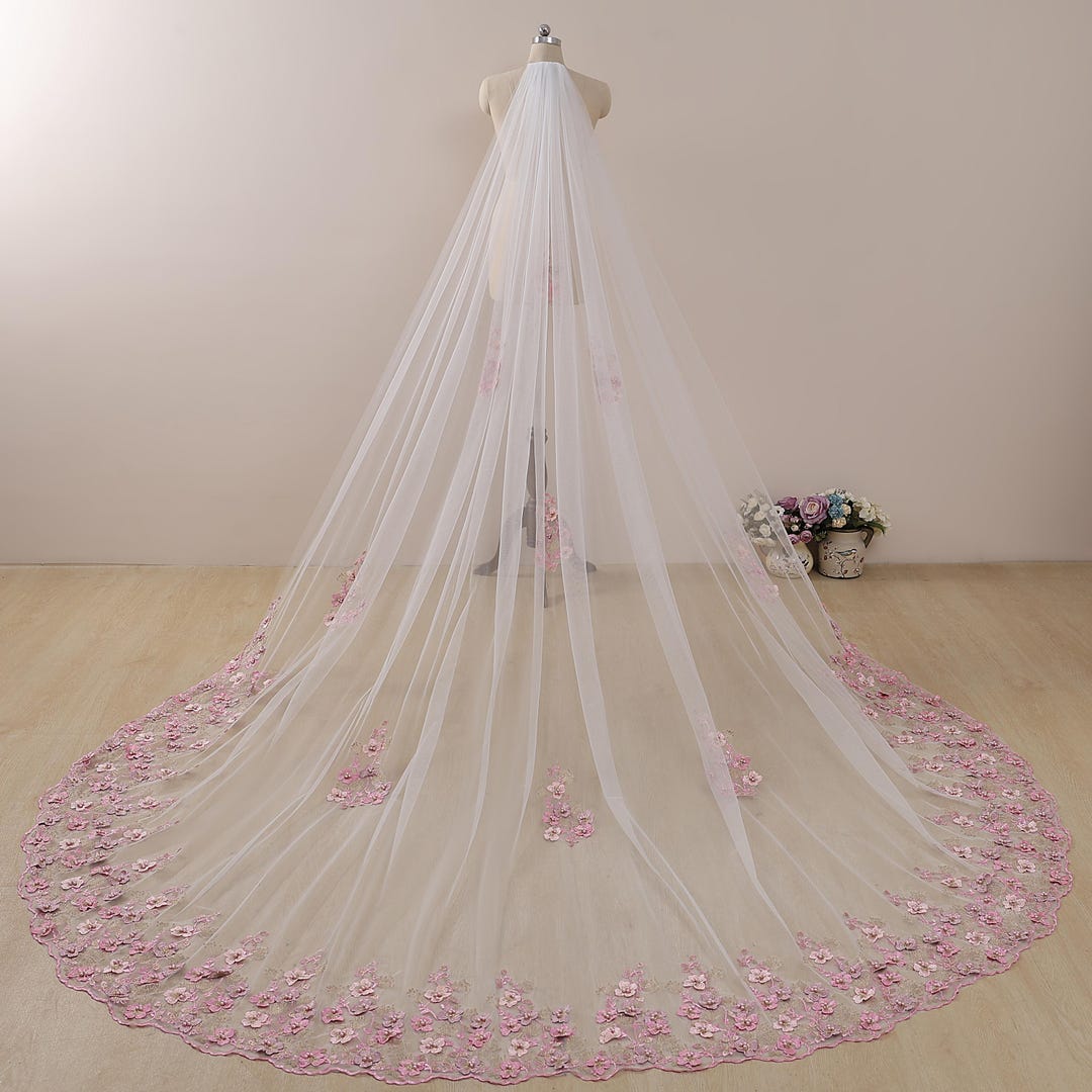 Floral Lace Cathedral Wedding Veil With Pearls, Pink Spring Veil