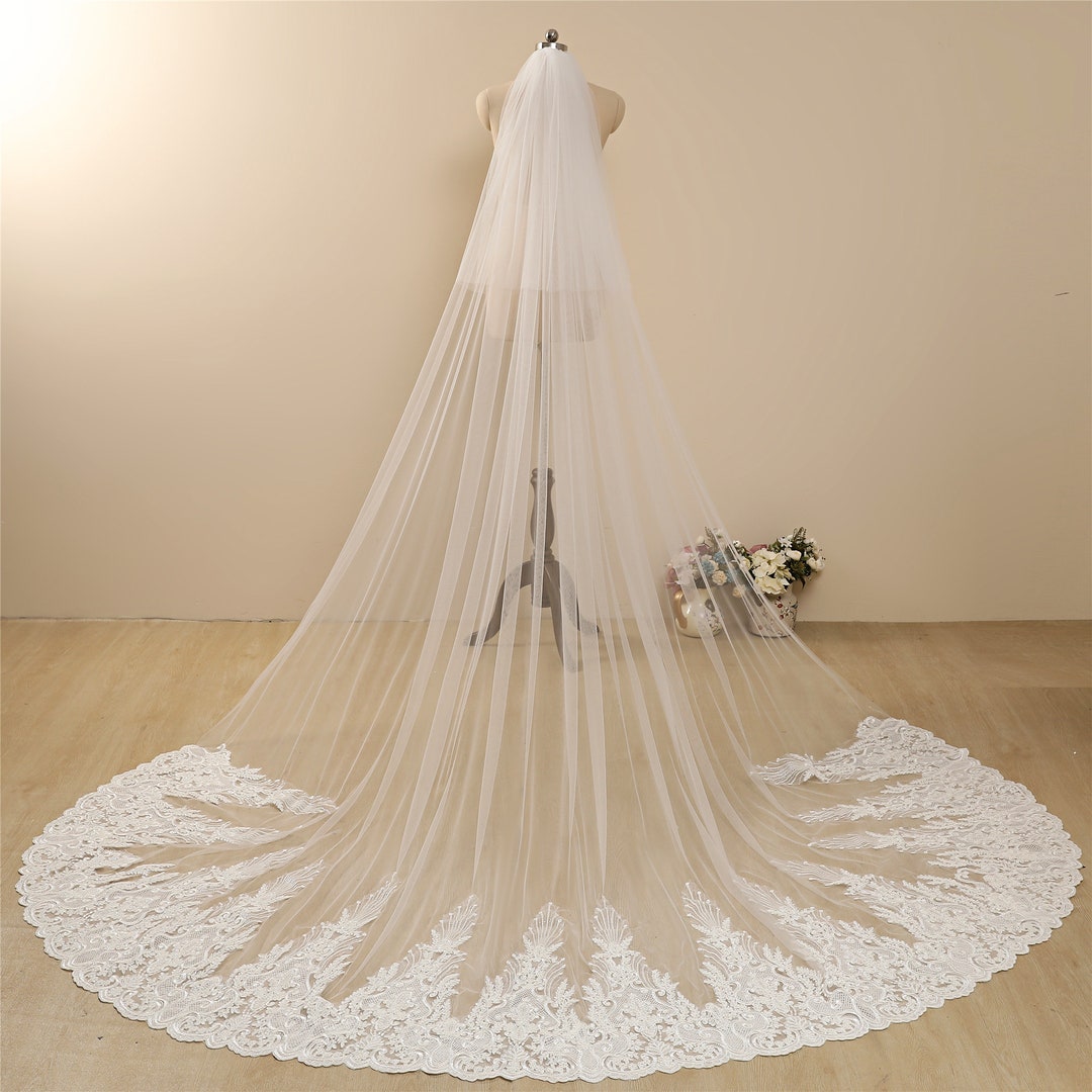 Cathedral Wedding Veil, sparkle embedded within the material with lace trimming Sparkle Veils in Lace Trim Veil Cathedral Veil With Glitter  main image 3