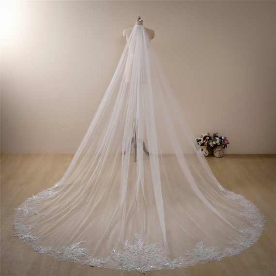 Gold Lace Cathedral Wedding Veil, Sequins & Beads, Ivory 