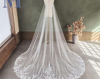 Luxury Beaded Floral Wedding Veil, Cathedral Veil Beading Flower, Handmade Bridal Veil Ivory Color