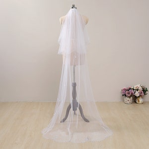 Beaded Chapel Length Veil,White Chapel Wedding Veil with Blusher,Chapel Veil with Pearls and Beads,Beaded Edge Floor Length Veil,Sequin Veil