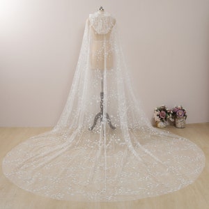 Sparkle Star Moon Bridal Cloak Silver Shimmer Stars Wedding Cape Veil Ivory Celestial Bridal Capelet Long Wedding Cape with Hood Moon Veil