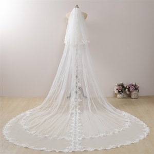 Two Tiered Cathedral Veil with Lace Trim Wedding Veil Ivory Scalloped Wedding Veil Lace Edge Chapel Veil Long Bridal Veil with Blusher Veil