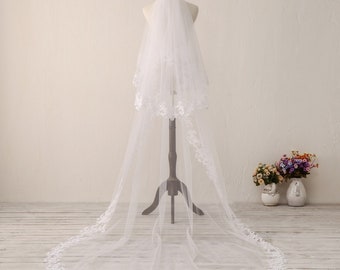 Ivory/ White Wedding Veil Lace Wedding Veil Two Layer Bridal Veil Chapel Wedding Veil Cathedral Wedding Veil Long Wedding Veil