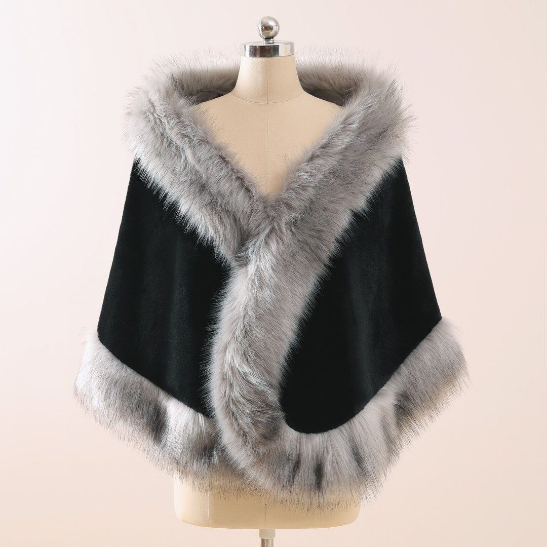 Faux Fur Shawl Black Gray Fur Trim Stole Faux Fur Bridal Shawl Etsy