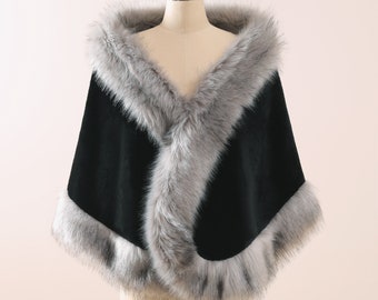 Black Faux Fur Bridal Shawl with Gray Trim