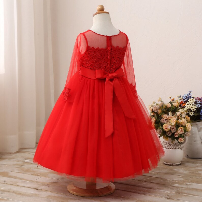 Red Girls Party Dress Flower Girl Dress Long Sleeve Flower Girl Dress Toddler Girls Dress Birthday Party Dress Floor Length Dress Lace