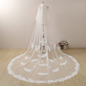 Floral Lace Cathedral Veil with Blusher Bridal Veil Vintage Lace Wedding Veil Flowers Chapel Bridal Veil Boho Veil 2 Tier Chapel Veil Lace