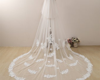 Velo de novia estilo catedral de encaje floral con rubor - Velo de capilla bohemio de dos niveles