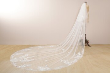 Bird Floral Lace Veil Ivory Cathedral Wedding Veil with Blusher Veil 2 Tier Wedding Veil with Champagne&Ivory Lace Chapel Veil Two Tier Veil