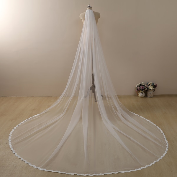 Minimalist Wedding Veil,Simple lace veil,Celestial Full Lace Bridal Veil Lace Trim Long Veil,Bridal Veil elegant,one tier veil Cathedral