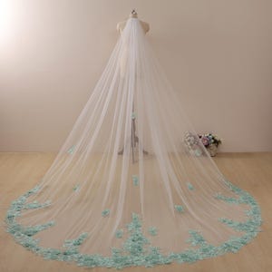 green floral lace veil,veil with rhinestones and sequins,Cathedral wedding veil,bridal veil long,handmade veil soft,veil for wedding comb