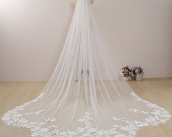 Marry Bridal US Veil Beautiful Floral Bridal Veil Blossom Wedding Veil Flowery Lace Cathedral Veil Boho Veil Ivory Chapel Veil Floor veil