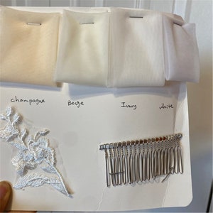 SWATCHIt includes the champagne,beige,ivory,white color tulle,a RANDOM piece of lace and a silver comb image 2