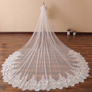 Ivory Cathedral Wedding Veil with Gold Lace Bridal Veil Handmade Embroidery Lace Veil Chapel Wedding Veil One Tier Champagne Wedding Veil