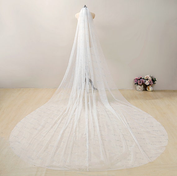 Sparkle Cathedral Wedding Veil: Silver Dotted Soft Tulle  display picture 3