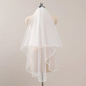 Soft Satin Ribbon Edge Wedding Veil,Simple Wedding Veil,Cascading Veil with Satin Cord Trim,Fingertip Length Veil,Two Tier Fingertip Veil
