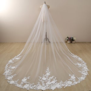 Floral Cathedral Wedding Veil, Soft Tulle, Lace Applique