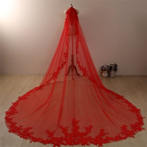 Veil Red,Red Floral Lace Veil,Cathedral Veil,Wedding Veil,Bridal veil long,Red Veil,Veil comb,one tier Red veil elegant,long veil red color